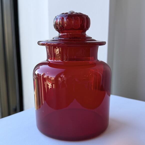 Takahashi Japan Red Glass Apothecary Canister Jar Daisy Lid 6" x 3 3/4" MCM - Picture 5 of 9
